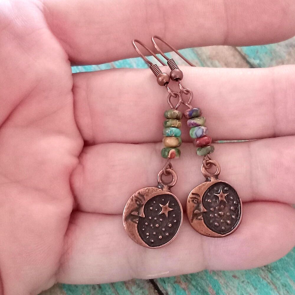Copper Moon Stars Charm Beaded Dangle Earrings